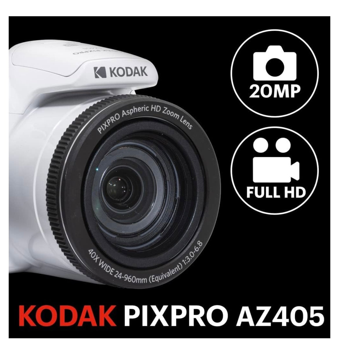 KODAK PIXPRO AZ405-WH 20MP Digital Camera 40X Optical Zoom 24mm Wide Angle Lens Optical Image Stabilization 1080P Full HD Video 3" LCD Vlogging Camera (White), Full Frame