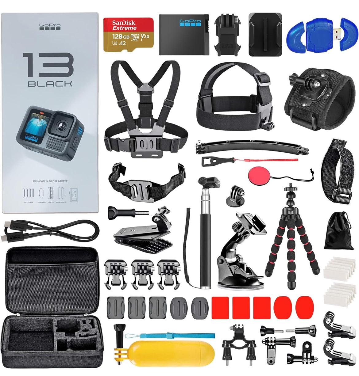 GoPro HERO13 (Hero 13) Black - Waterproof Action Camera with 5.3K, 27MP Photos, Live Streaming, Webcam, Stabilization + 128GB Card, Card Reader, 50 Piece Accessory Kit - Bundle