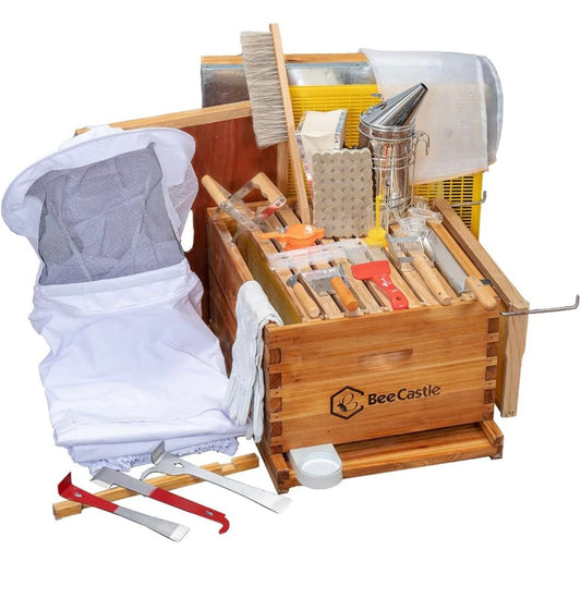 CTE Bee Hive 8-Frame and Supplies Starter Kit,Beehive Kit Dipped in 100% Beeswax,Bee Keeping Supplies-All Beginners Kit Includes Beekeeping Supplies Tool Set and Bee Suit