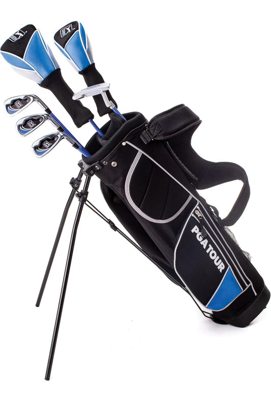 PGA TOUR Youth Golf Club Set – Ages 8-12 (4’8”-5’2”) Right Handed Beginner Junior Golf Clubs with Lightweight Stand Bag, Mallet Putter, Hybrid, Driver
