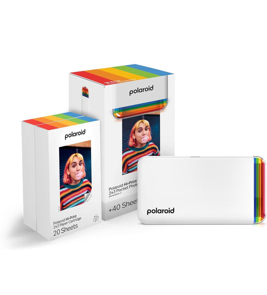 Polaroid Hi-Print + Paper Bundle - 2nd Generation Bluetooth Connected 2x3 Pocket Photo Dye-Sub Printer - White Printer + 40 Photos